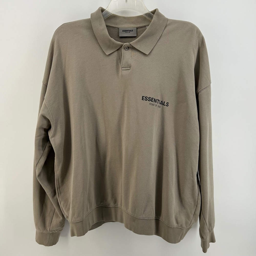 Fear of God Essentials Polo Sweatshirt Mens Large Tan Logo Pullover Streetwear